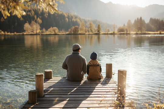 Father and Son Bonding on Peaceful Lake Pier at Sunset