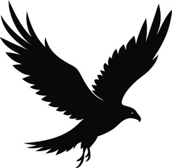 Solid silhouette vector of a soaring eagle in flight, nature theme with white background.
