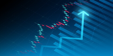 technology financial graph with uptrend line arrow and bar chart of stock market on blue color background