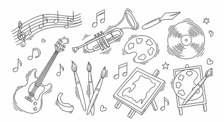 Fototapeta premium Set of playful hand drawn music and art illustrations. Doodle drawings of instruments (guitar, trumpet, vinyl record), paint brushes, palettes, musical notes and artist tools. Line art in retro style