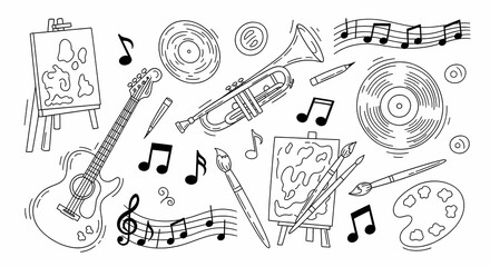 Set of playful hand drawn music and art illustrations. Doodle drawings of instruments (guitar, trumpet, vinyl record), paint brushes, palettes, musical notes and artist tools. Line art in retro style
