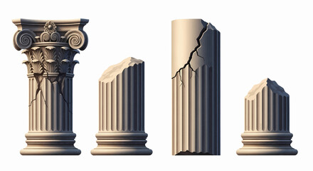 Classical Architectural Columns in Varying States of Disrepair: An Illustrative Collection of Fractured, Cracked, and Severely Broken Structures
