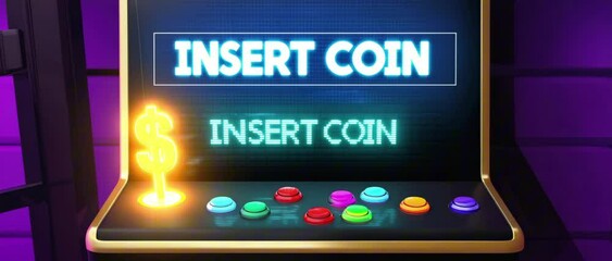 2:35:1 A retro arcade machine with a glowing dollar sign ($) joystick and neon buttons, “Insert Coin” flashing with glitch effects, nostalgia meets wealth loop - Powered by Adobe
