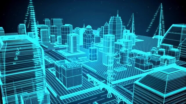 Exploring Futuristic City Blueprint Wireframe in Blue Tones Animation