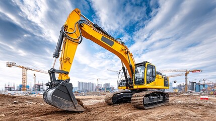 Excavator operating on construction site urban landscape heavy machinery dramatic sky
