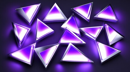 Abstract design of many metallic triangles, lit with purple-white light