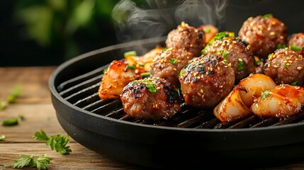 Closeup of savory grilled meat and seafood balls with aromatic smoke rising in the background served on a rustic wooden plate