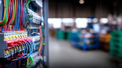 Colorful wiring in an industrial electrical panel, showcasing precision and modern engineering.
