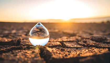 Water droplet reflects drought ridden land, conveying the concept of conservation and scarcity against a warm, beautiful sunset.