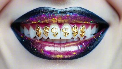 Close-up shot of a woman's mouth smiling with glowing gold dollar signs ($) on her teeth, lips shimmer, wealth + vanity aesthetic, NFT pop loop