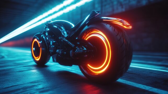 Futuristic motorcycle with neon lights in a tunnel