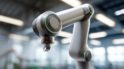 A sleek industrial robotic arm in a modern factory with green energy accents and partial assembly line.
