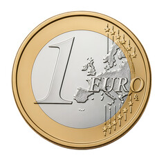 A 1 Euro coin with a map of Europe, stars, and a golden-silver bimetallic design.