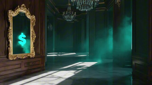 A large ornate mirror reflecting a glowing dollar sign ($) in a smoky, empty mansion hallway, loopable NFT vanity wealth scene