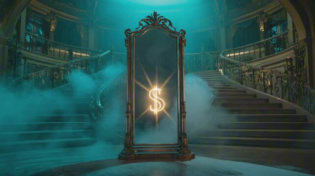 A large ornate mirror reflecting a glowing dollar sign ($) in a smoky, empty mansion foyer, loopable NFT vanity wealth scene