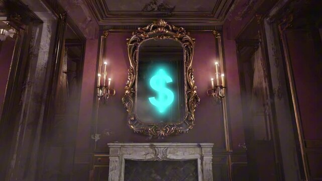 A large ornate mirror reflecting a glowing dollar sign ($) over a mansion's fireplace, loopable NFT vanity wealth scene