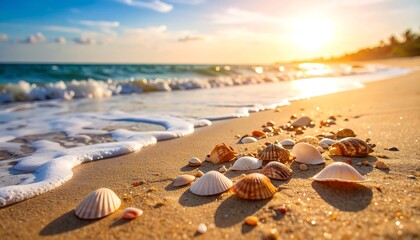 Seashells on golden beach at sunset