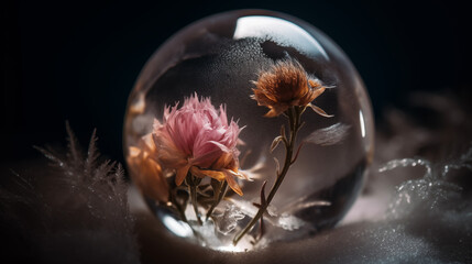 Fototapeta premium Delicate pink and brown dried flowers encased in a frosted glass orb, resting on soft cotton, creating a dreamy floral still life.