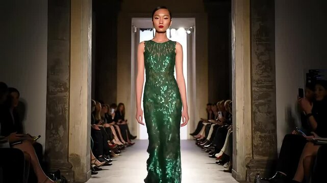 Elegant Model in Emerald Green Sequin Gown on Runway