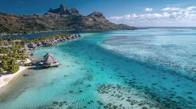 Drone aerial view of tropical island with turquoise sea and overwater bungalows in 4K cinematic footage. MP4