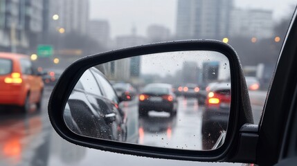 Rainy city street view through car side mirror