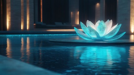 Illuminated lotus sculpture in a pool at night