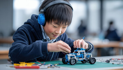 Young boy wearing headphones joyfully assembles toy car model at table, focusing intently on task