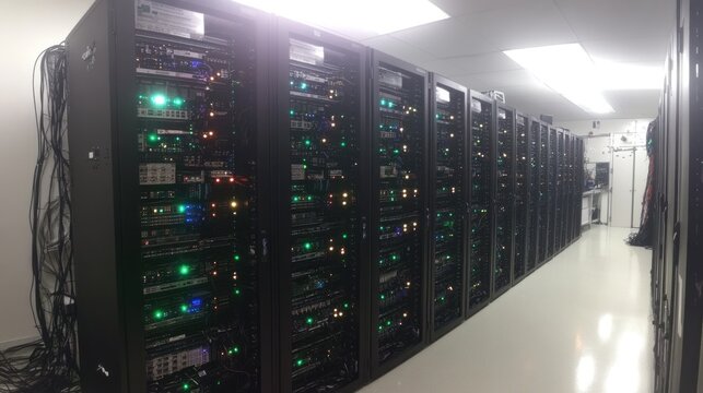 Rows of dark server cabinets in a large room