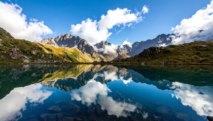 Naklejka premium Serene alpine lake mirroring clouds and peaks