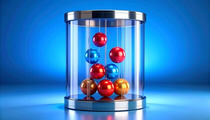 Cylindrical glass container holding multiple colored spheres