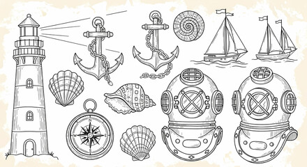 Collection of nautical hand drawn illustrations. Doodle drawings of lighthouses, anchors, sailboats, seashells, compasses and vintage diving helmets. Line art in old map or sailor's journal style
