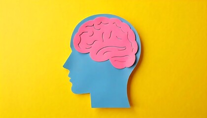 Obraz premium Paper human head with brain on yellow background. Cancer concept, brain cancer. Healthcare concept, created with generative ai