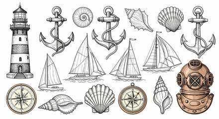 Collection of nautical hand drawn illustrations. Doodle drawings of lighthouses, anchors, sailboats, seashells, compasses and vintage diving helmets. Line art in old map or sailor's journal style