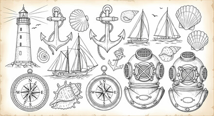 Collection of nautical hand drawn illustrations. Doodle drawings of lighthouses, anchors, sailboats, seashells, compasses and vintage diving helmets. Line art in old map or sailor's journal style