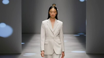 Elegant Woman in Off White Suit on Milan Runway