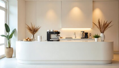  Minimalistic cafe interior featuring a sleek, glossy ivory white counter, modern coffee machinery in a polished, chrome finish, created with generative ai
