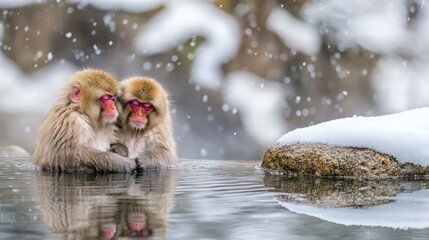 Obraz premium Two snow monkeys huddled together in a hot spring, snow falling