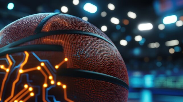Close-up of a futuristic basketball with glowing circuit board design, in a stadium setting