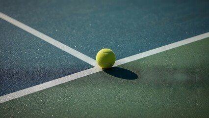 Tennis Ball on Court Line with Sunlight and Blue Background