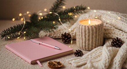Cozy winter scene with candle, book, pine branch and lights creating a warm ambiance