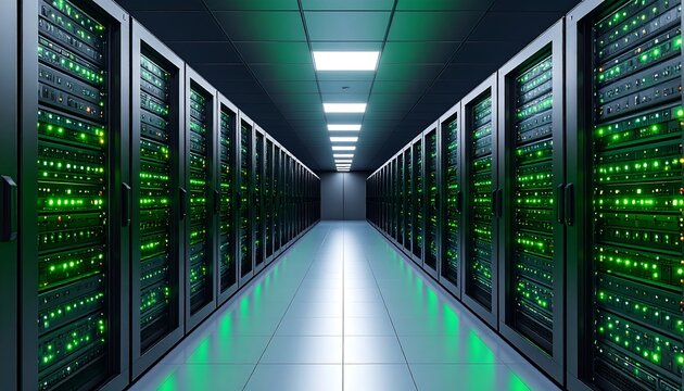 Server rack aisle, lit by green LEDs