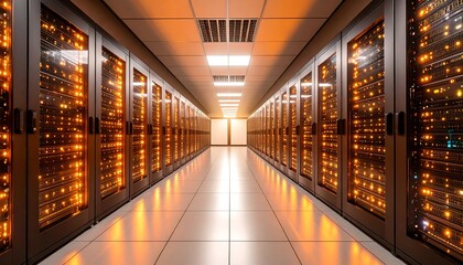 Server rack room, glowing lights
