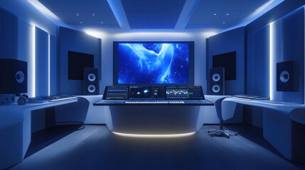 Naklejka premium Modern recording studio interior, lit with blue light, featuring audio equipment and a large screen displaying abstract patterns