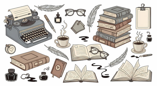 Set of charming hand drawn stationery and bookish doodles. Illustrations of vintage typewriters, quills, ink bottles, stacks of books, coffee cups and reading glasses. Whimsical vintage line art.