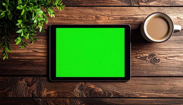 Tablet with a green screen, a cup of coffee, and a plant on a dark wooden surface.