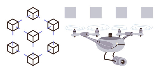 Blockchain nodes interconnected in a digital network alongside a surveillance drone with a mounted camera. Ideal for blockchain, networking, data security, innovation, AI, surveillance, technology
