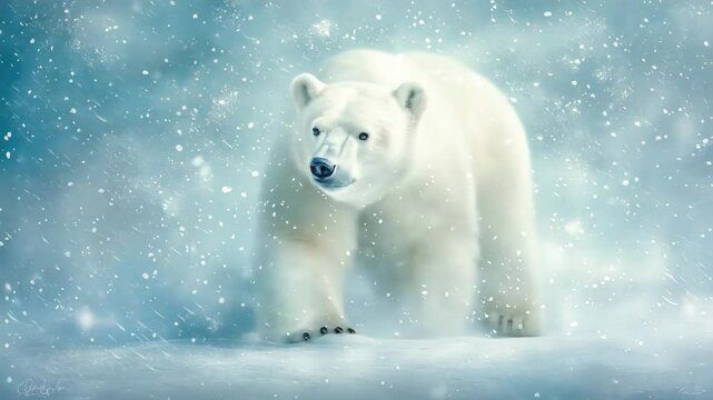Polar bear walking through falling snow in icy winter landscape.
