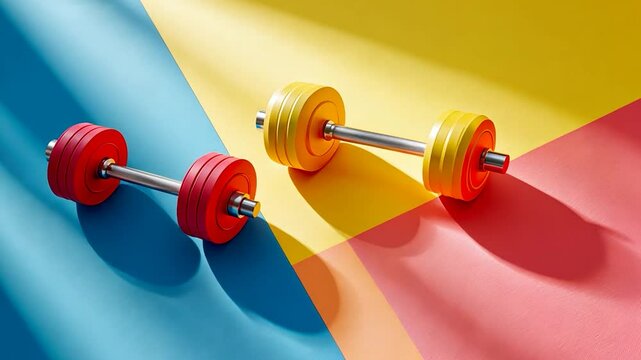 Two colorful dumbbells on a vibrant geometric background