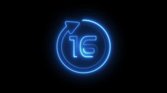 Neon countdown number.  16 hours timer animation.