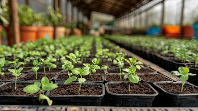 Green vegetable seedlings growing in greenhouse
